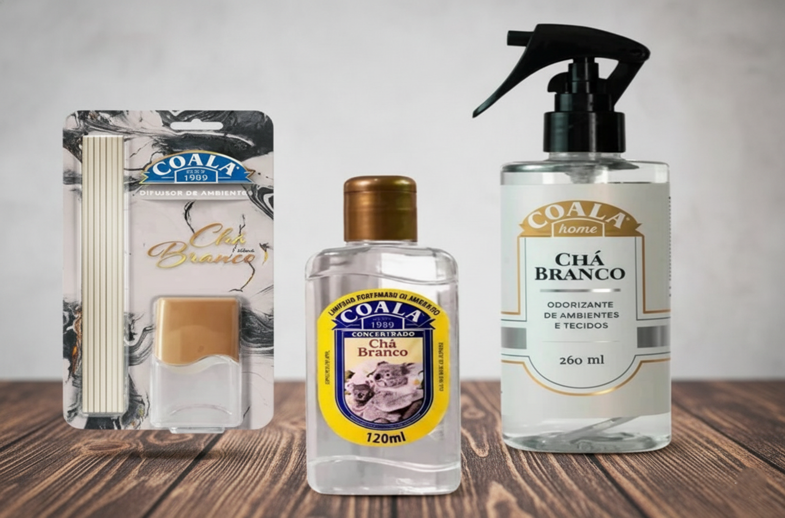 Produtos Coala Aromatizantes Chá Branco: Difusor de varetas, limpador perfumado concentrado (120ml) e odorizante de ambientes e tecidos (260ml).