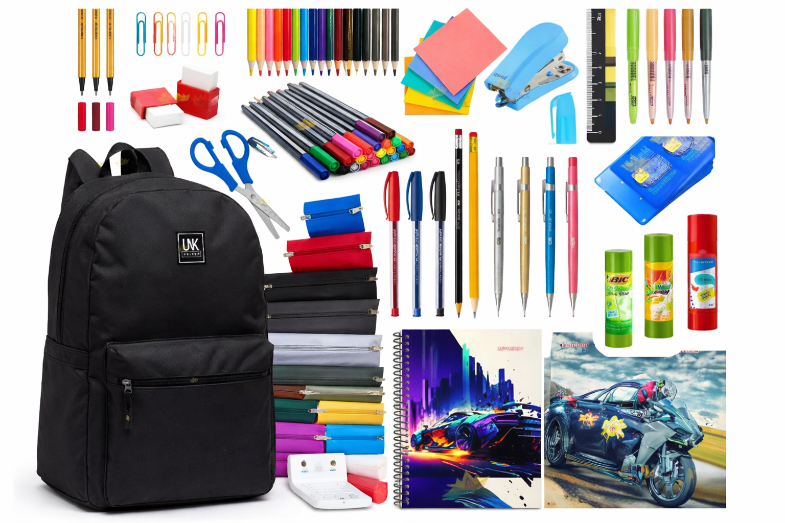 Mochila preta com kit completo de material escolar organizado em fundo branco.