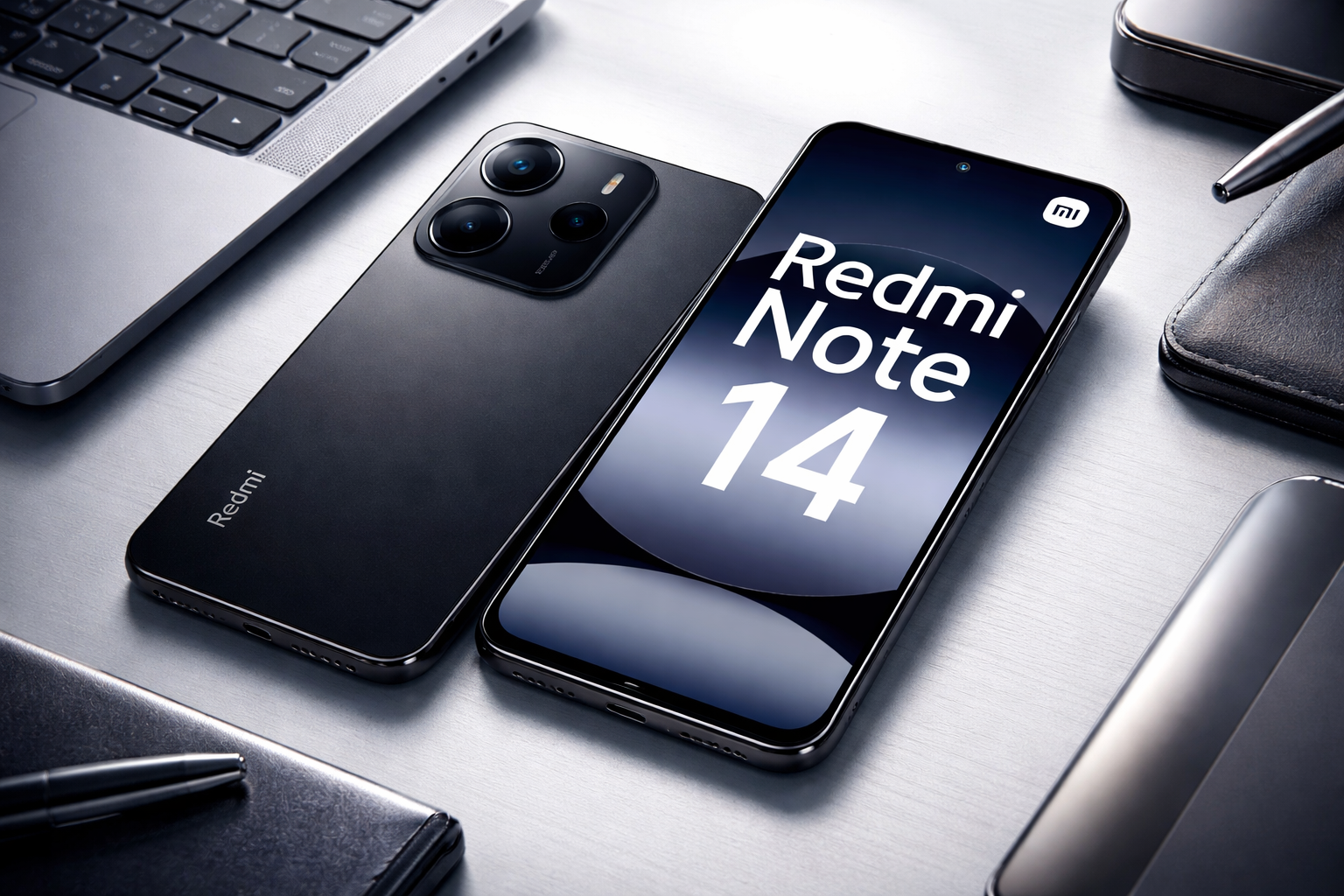 Smartphone Redmi Note 14 com design moderno e tela ampla em fundo escuro