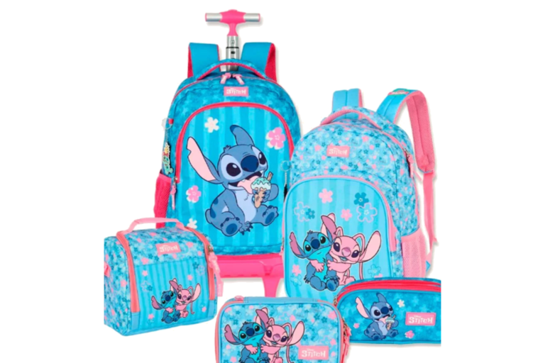 Kit de mochilas infantis azul e rosa com estampa de personagem animado